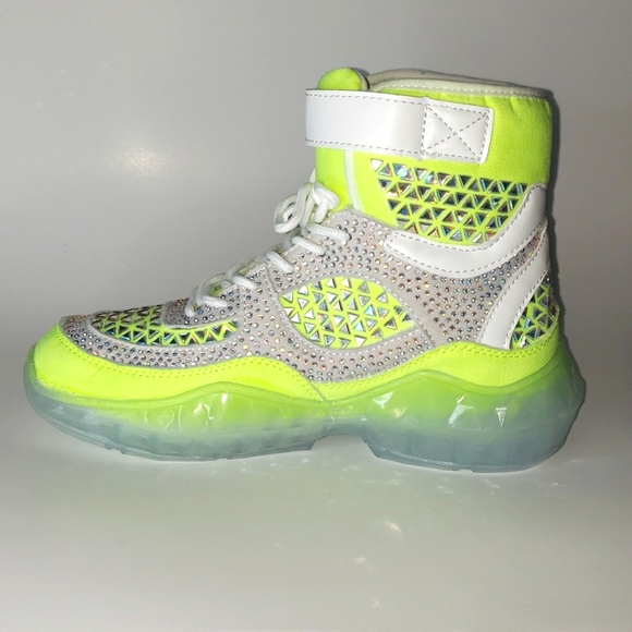 HI TOP LACE UP NEON LIME RHINESTONE SNEAKERS - Picture 4 of 6
